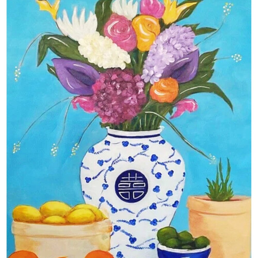Original Artwork Bright Floral and Still Life Painting With Blue and White Vase